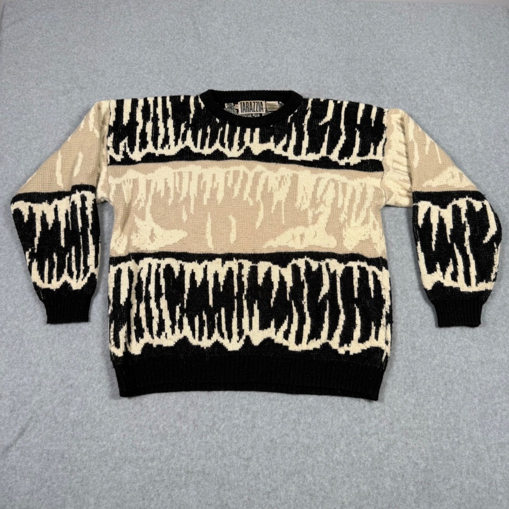 Tarazzia Vintage 80s Abstract Knit Oversized Sweater Black Tan Crewneck Medium